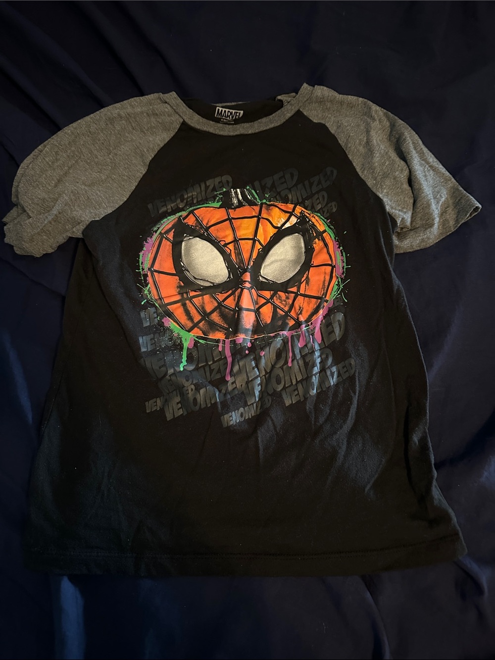 Marvel Kids Halloween Spider-Man Drip Graphic Raglan Tee - Black & Gray